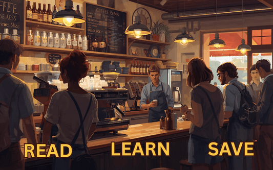 Coffee shop bustling with activity. Text reads "Read" "Learn" "Save"