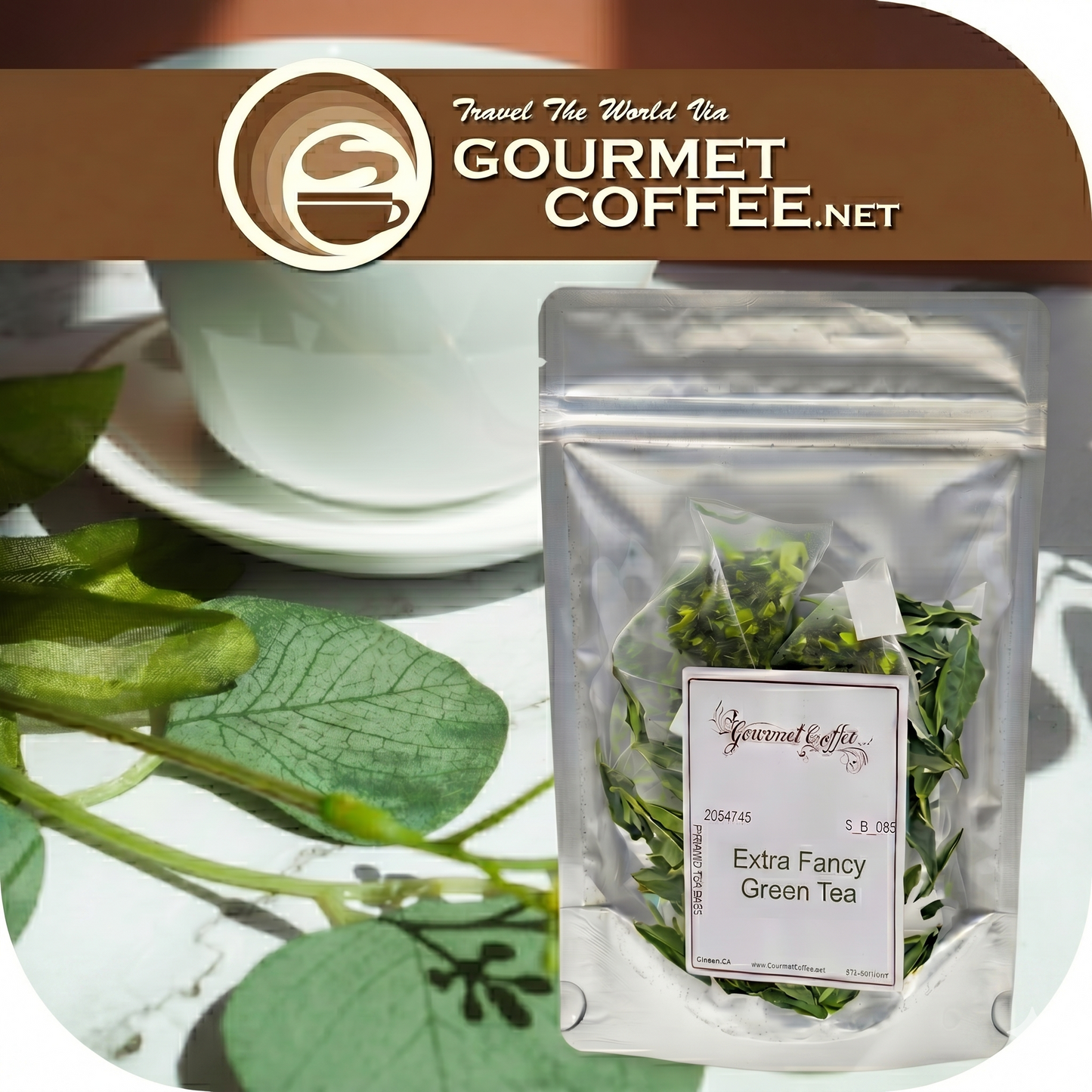 Gourmet coffee package with green tea leaves and a cup on a table, featuring Gourmet Coffee.net branding.