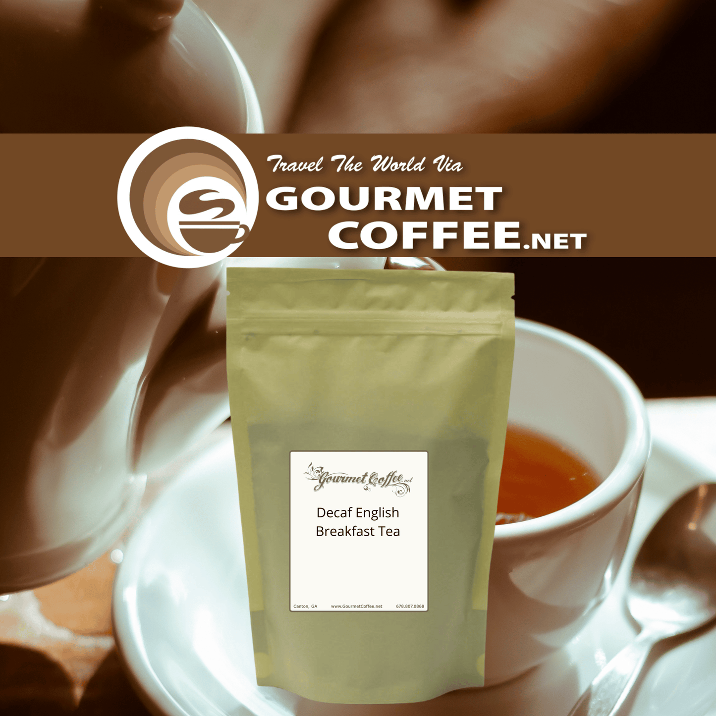 A stand-up pouch of Gourmet Coffee.net Decaf English Breakfast Tea centered over a coffee-themed background showing a teapot, white cup of tea, and spoon.