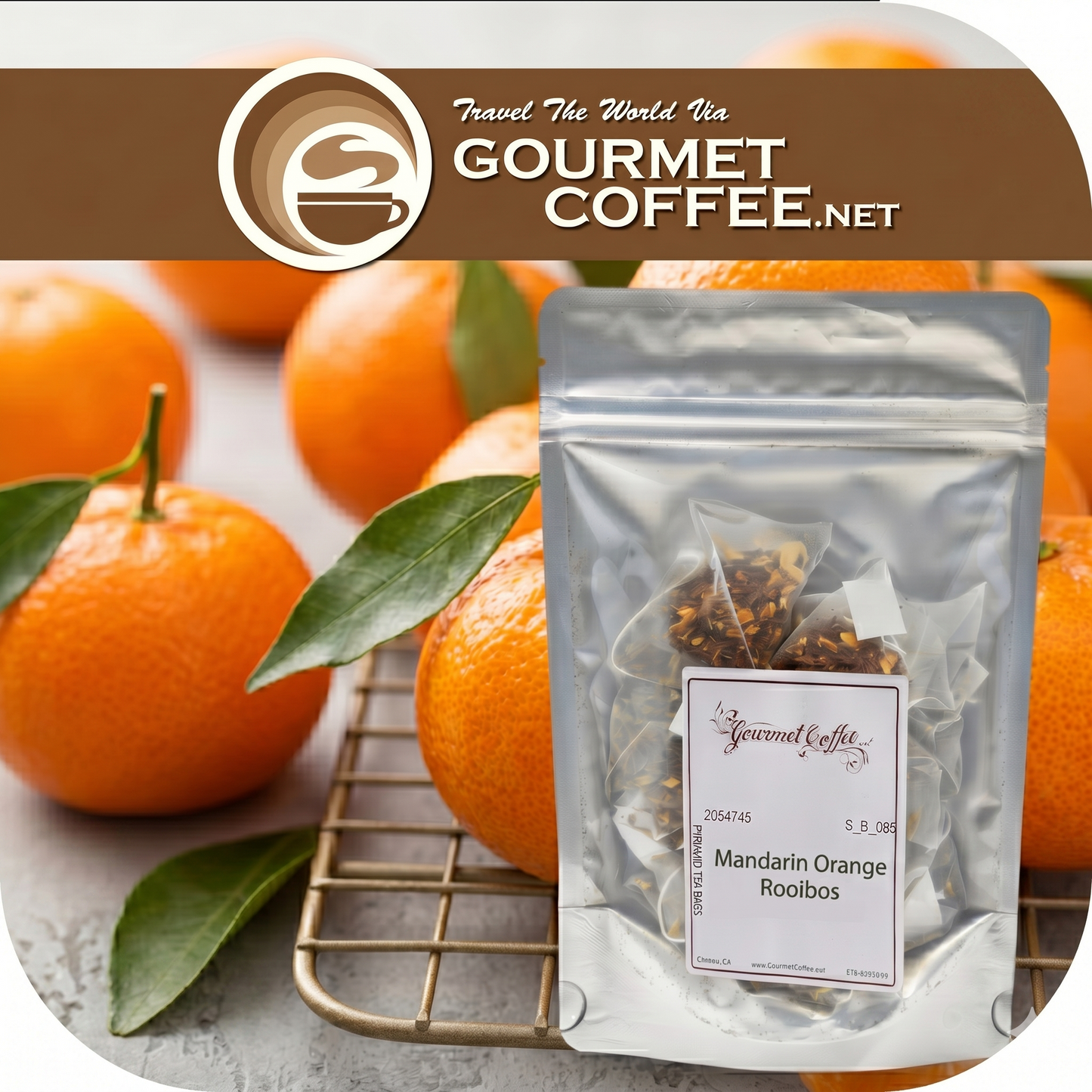 Gourmet coffee package with mandarin oranges on a cooling rack, featuring 'Gourmet Coffee.net' branding.