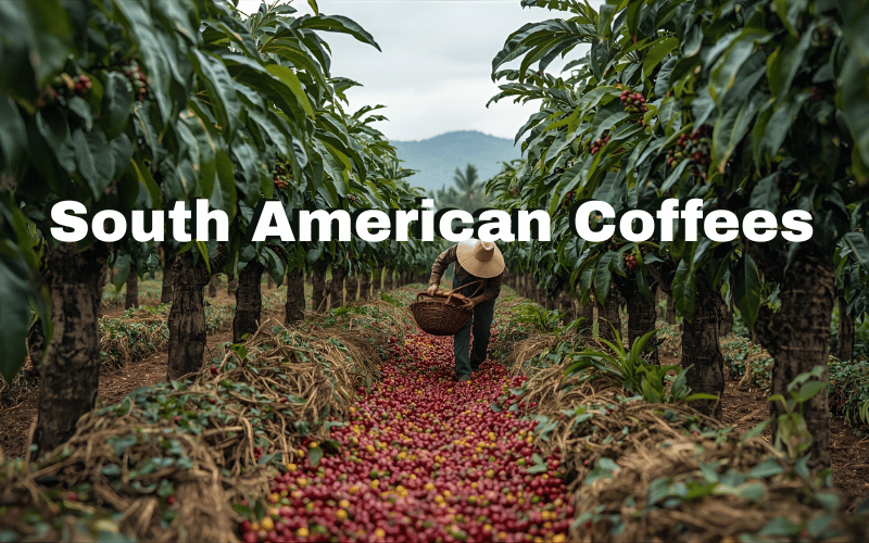A man working on a south american coffee farm.  Text reads South American Coffees.