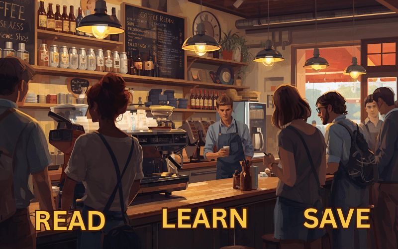 Coffee shop bustling with activity. Text reads "Read" "Learn" "Save"