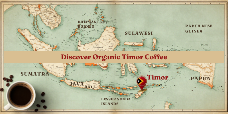 Vintage-style map graphic highlighting Timor with a red pin marker, surrounded by labeled islands such as Sumatra, Java, Sulawesi, and Papua. Text at the top reads 'Discover Organic Timor Coffee.'