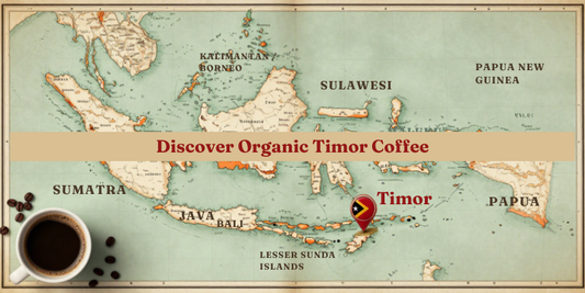 Vintage-style map graphic highlighting Timor with a red pin marker, surrounded by labeled islands such as Sumatra, Java, Sulawesi, and Papua. Text at the top reads 'Discover Organic Timor Coffee.'
