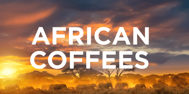 African Sunset with Elephants and text that reads "African Coffees"