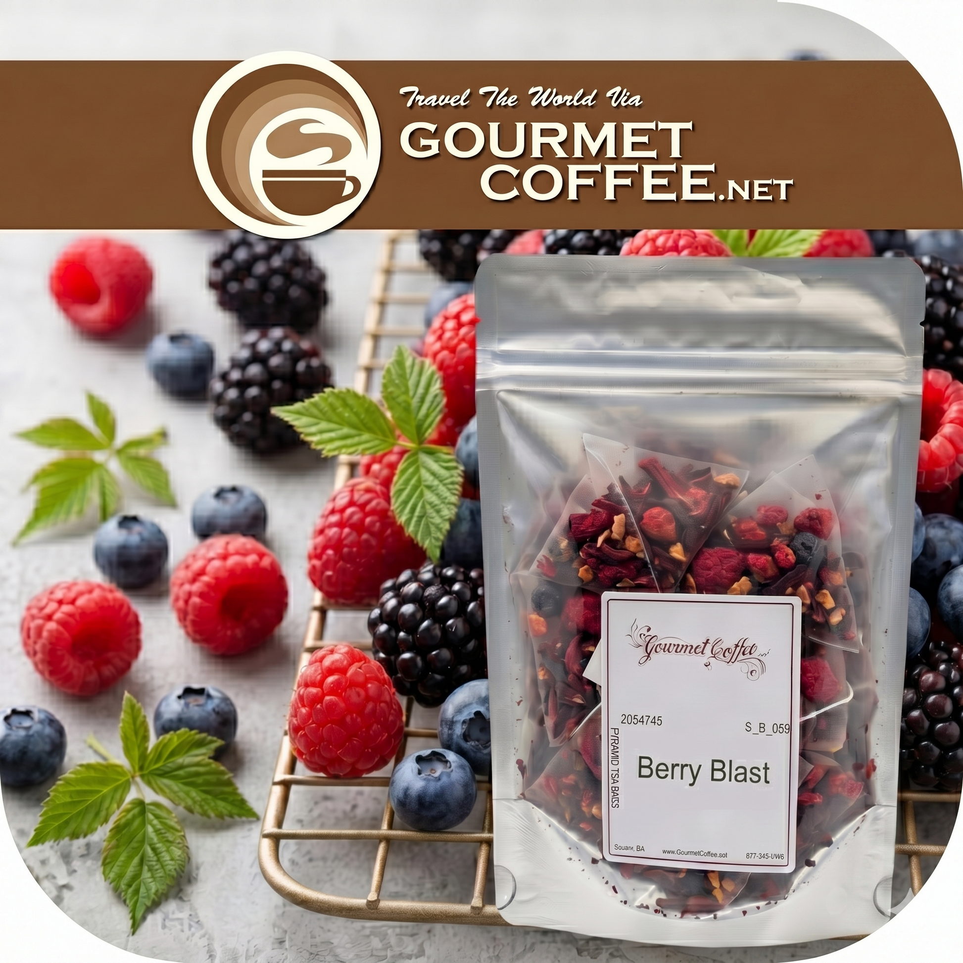 Gourmet coffee package labeled 'Berry Blast' with fresh berries on a marble surface, featuring Gourmet Coffee.net branding.