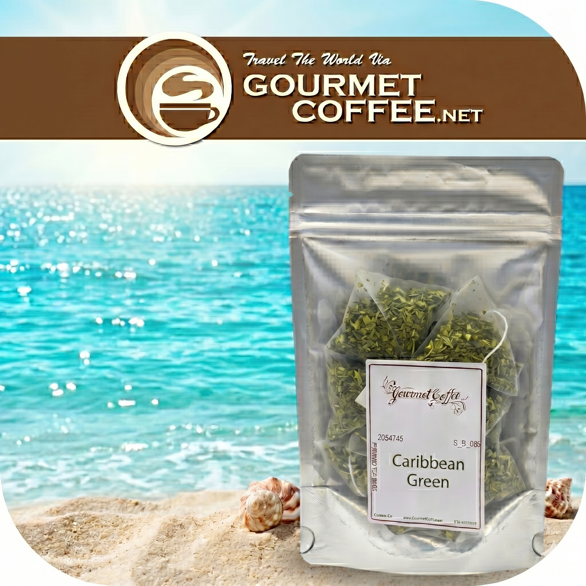 Gourmet coffee package labeled 'Caribbean Green' with a beach background