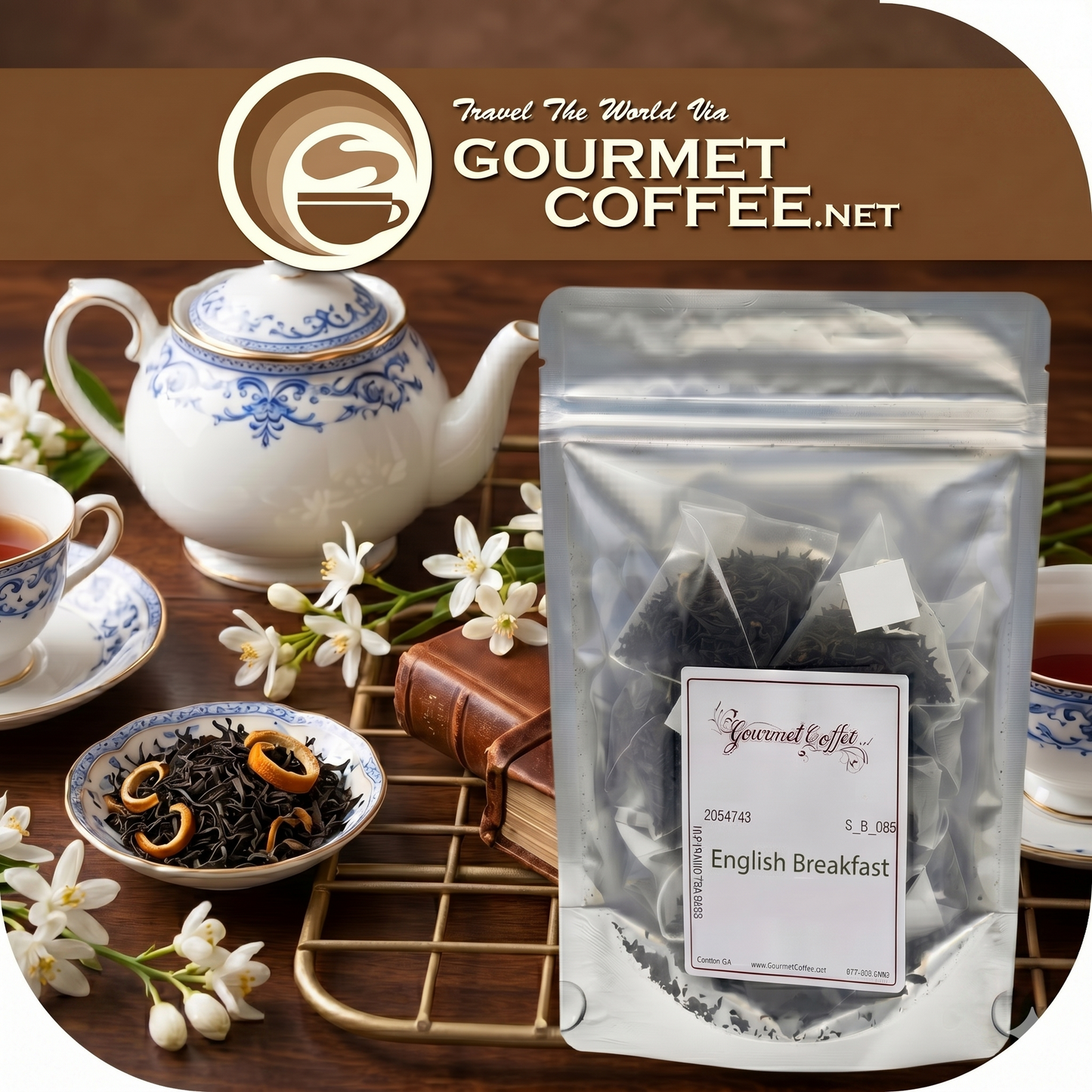 Tea set with a teapot, cups, and a package of English Breakfast tea from Gourmet Coffee.net.