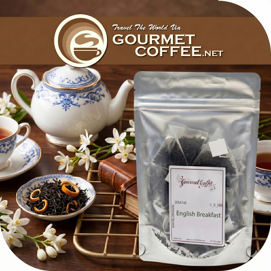 Tea set with a teapot, cups, and a package of English Breakfast tea from Gourmet Coffee.net.
