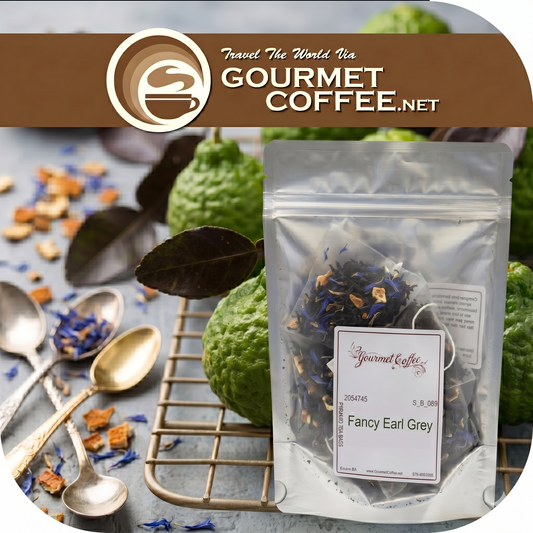 Packaged 'Fancy Earl Grey' tea with Gourmet Coffee.net branding on a rustic background.