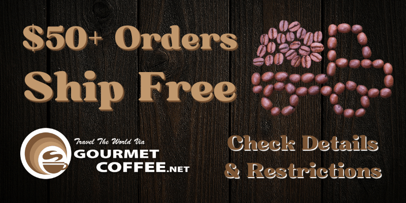 Promotional banner for gourmet coffee with text and coffee bean graphics on a wooden background.
