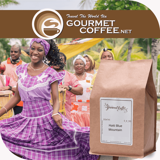 Gourmet Coffee.net bag with a woman in traditional dress and a cultural event in the background