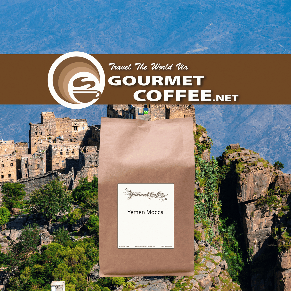 A brown paper bag of Gourmet Coffee Yemen Mocca is centered against a scenic background of a mountainous landscape with stone ruins and greenery. A brown banner at the top features the Gourmet Coffee website logo and text.