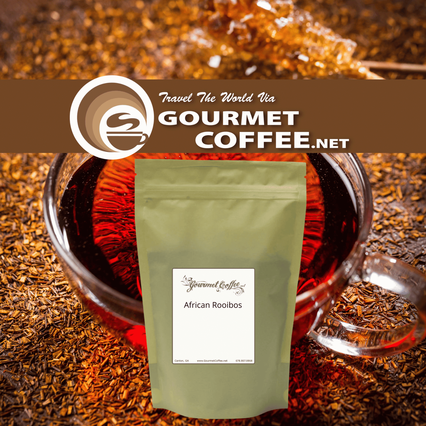 A stand-up pouch of Gourmet Coffee.net African Rooibos tea centered in front of a glass mug filled with dark red tea, surrounded by loose rooibos beans.