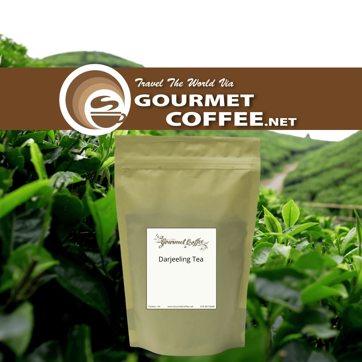 A stand-up pouch of Gourmet Coffee.net Darjeeling Tea is shown in front of a green tea plantation background.