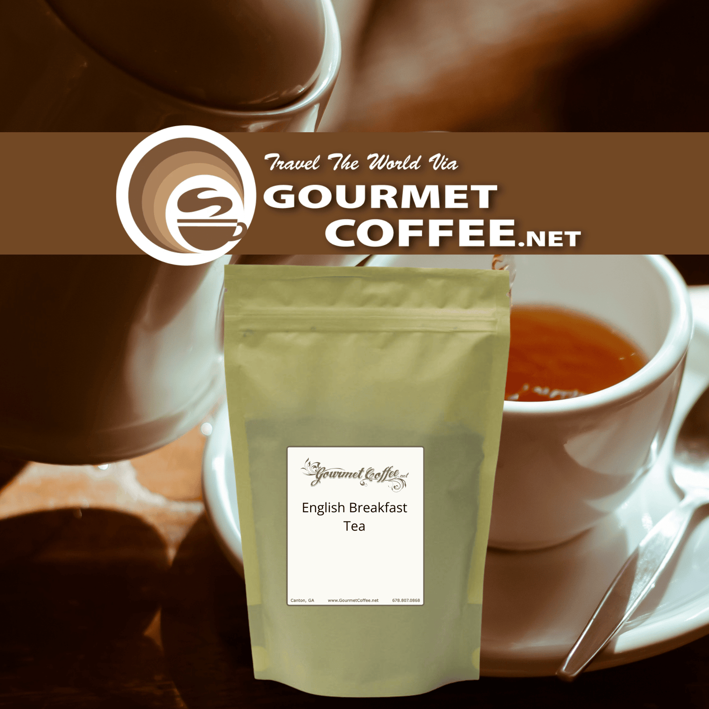 A stand-up pouch of Gourmet Coffee.net English Breakfast Tea centered in the foreground, with a blurred coffee scene and a white cup of tea in the background.