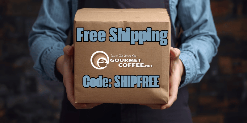 A box of coffee from gourmetcoffee.net being delivered with test that reads Free Shipping.  Code: SHIPFREE