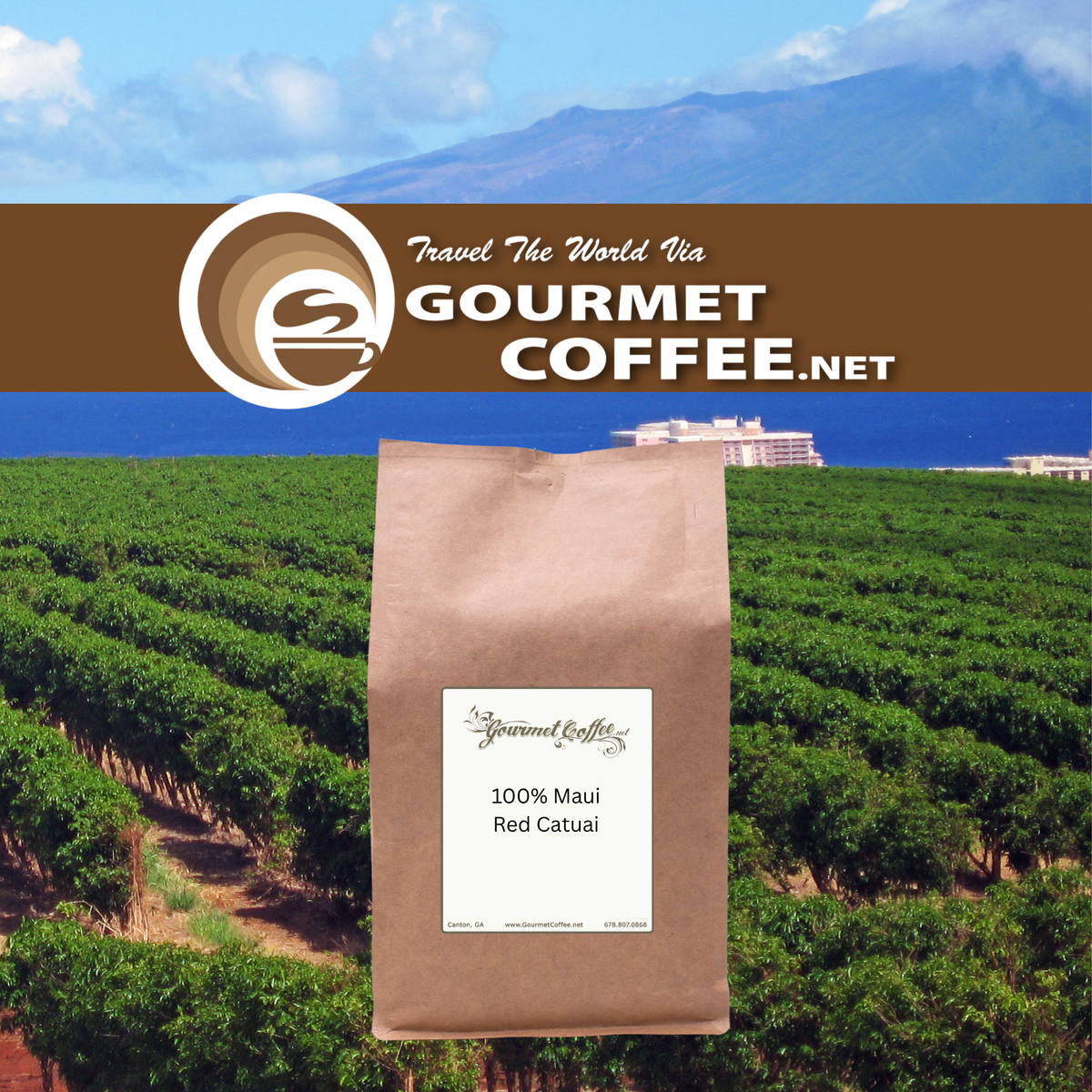 A brown paper bag of Gourmet Coffee 100% Maui Red Catuai coffee is centered against a background of a green coffee plantation and ocean. A brown banner at the top features the Gourmet Coffee website logo and text.