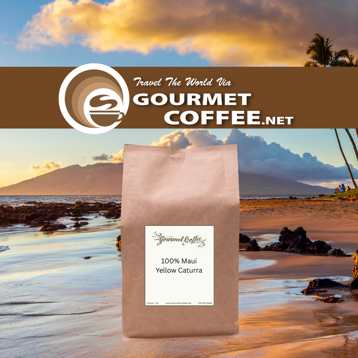 A bag of Gourmet Coffee Yellow Caturra coffee stands on a beach at sunset, with a brown banner across the top reading 'Travel The World Via Gourmet Coffee.net'.