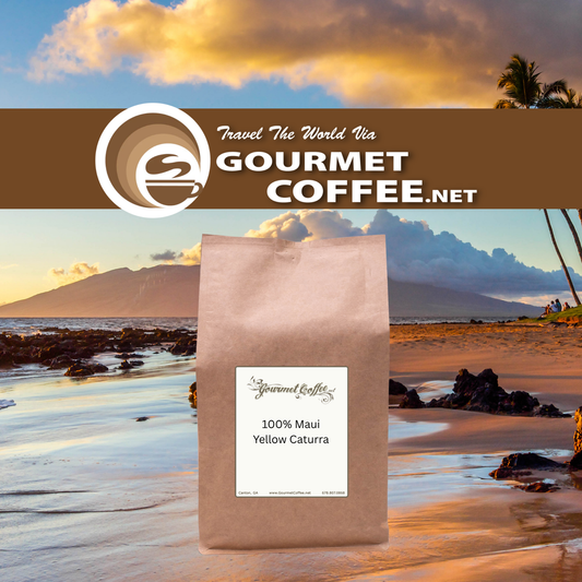 A bag of Gourmet Coffee Yellow Caturra coffee stands on a beach at sunset, with a brown banner across the top reading 'Travel The World Via Gourmet Coffee.net'.