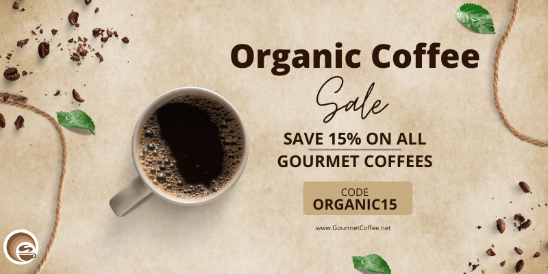 Promotional banner for organic coffee sale with a cup of coffee and coffee beans on a beige background.
