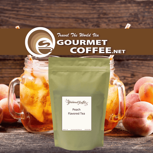 A stand-up pouch of Gourmet Coffee.net Peach Flavored Tea centered in front of two mason jar glasses filled with iced peach tea, with whole peaches on a rustic wooden surface.