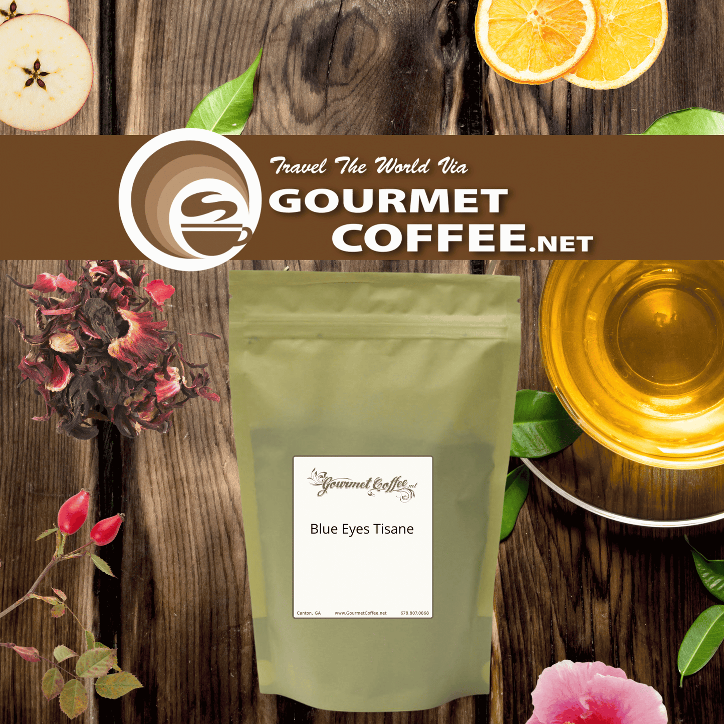 A stand-up pouch of Gourmet Coffee Blue Eyes Tsiane coffee placed on a rustic wooden background with decorative coffee-themed props including a glass of golden coffee, dried flowers, citrus slices, and a branded banner across the top.