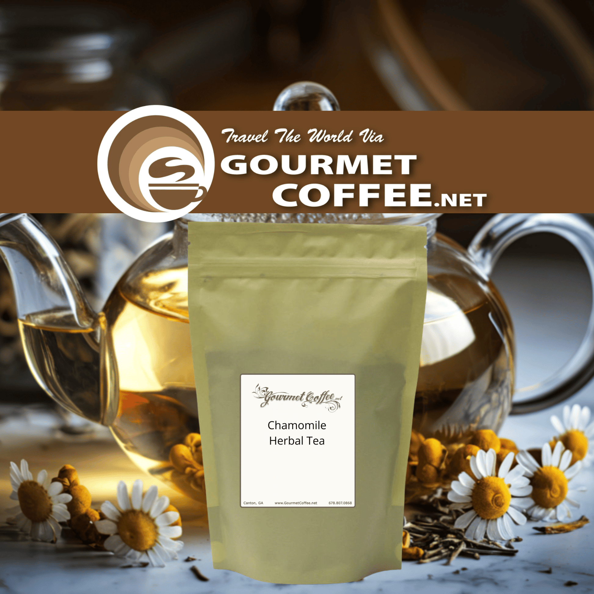 A stand-up pouch of Gourmet Coffee.net Chamomile Herbal Tea centered in front of glass teapots and scattered chamomile flowers.