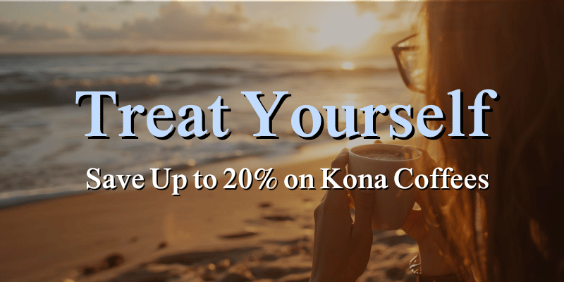 Person holding a coffee cup on a beach with promotional text overlay.