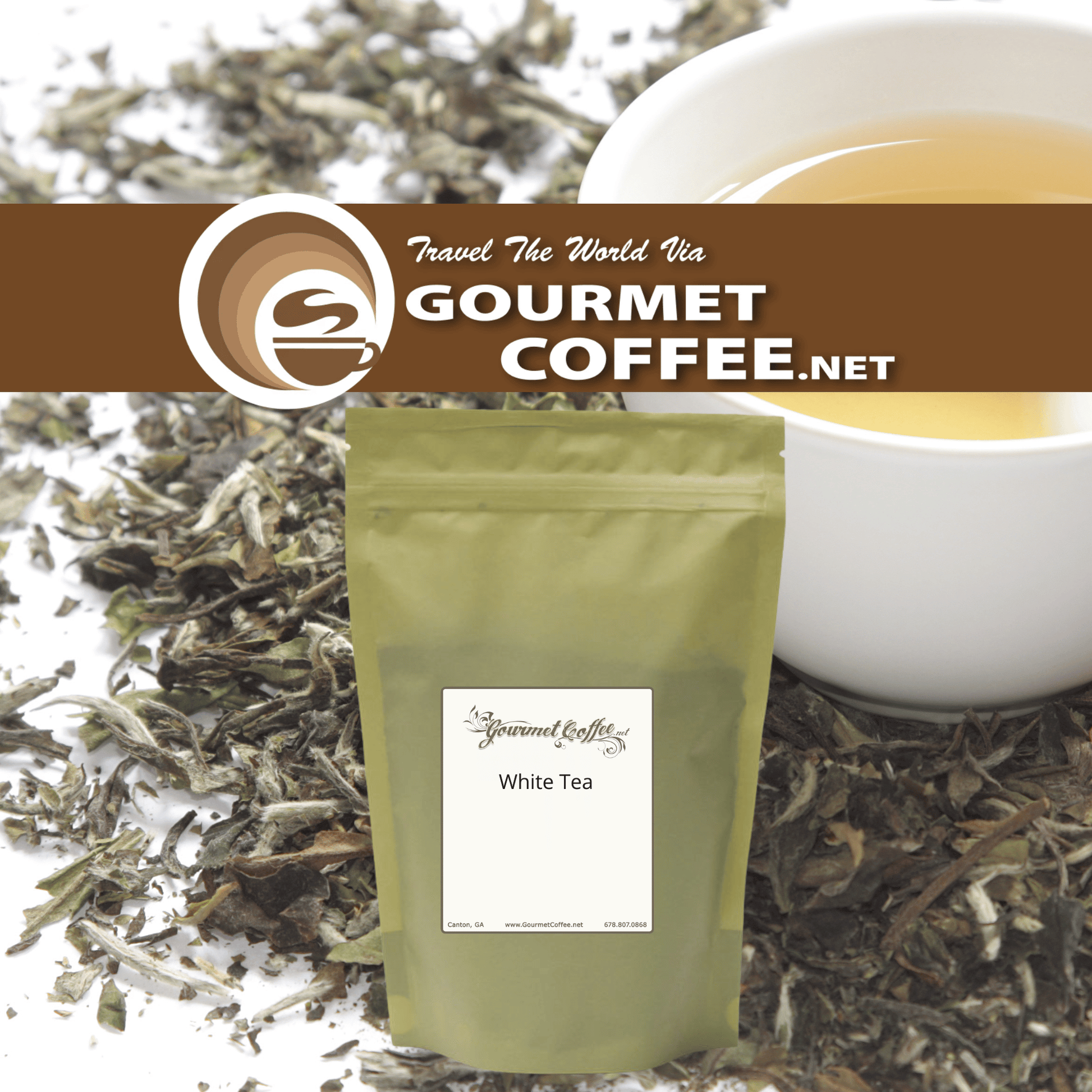 A stand-up pouch of Gourmet Coffee.net White Tea centered in front of loose dried tea leaves, with a white cup of tea and a brown banner at the top.
