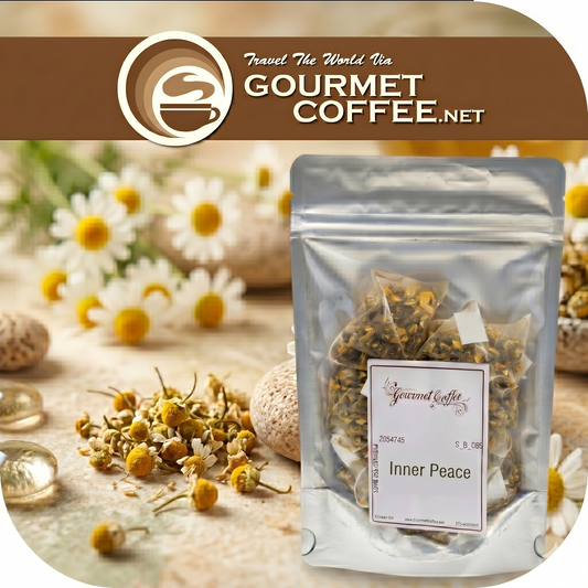 Gourmet coffee package labeled 'Inner Peace' with flowers in the background, featuring Gourmet Coffee.net branding.