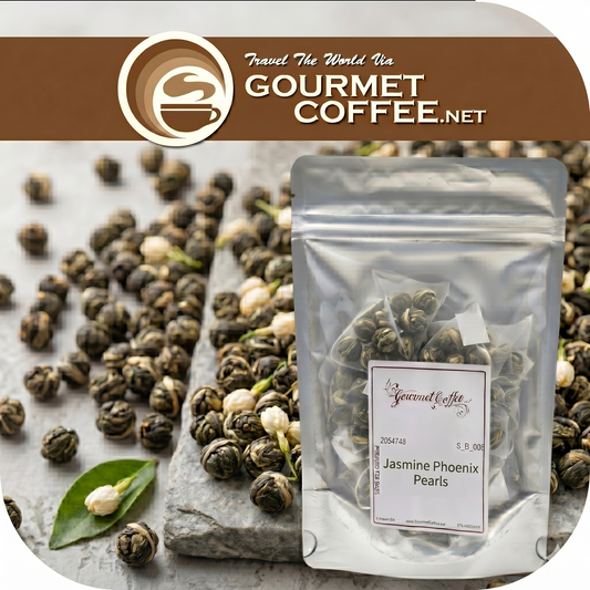 Gourmet Coffee.net packaging of Jasmine Phoenix Pearls with coffee beans on a textured surface.
