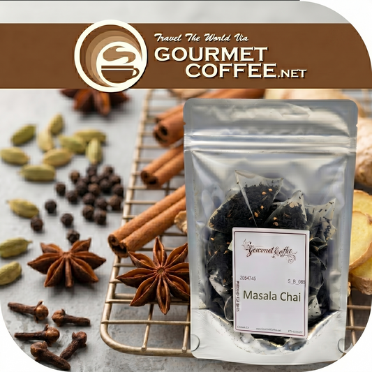 Gourmet coffee packaging with masala chai flavor on a background of spices and ingredients.