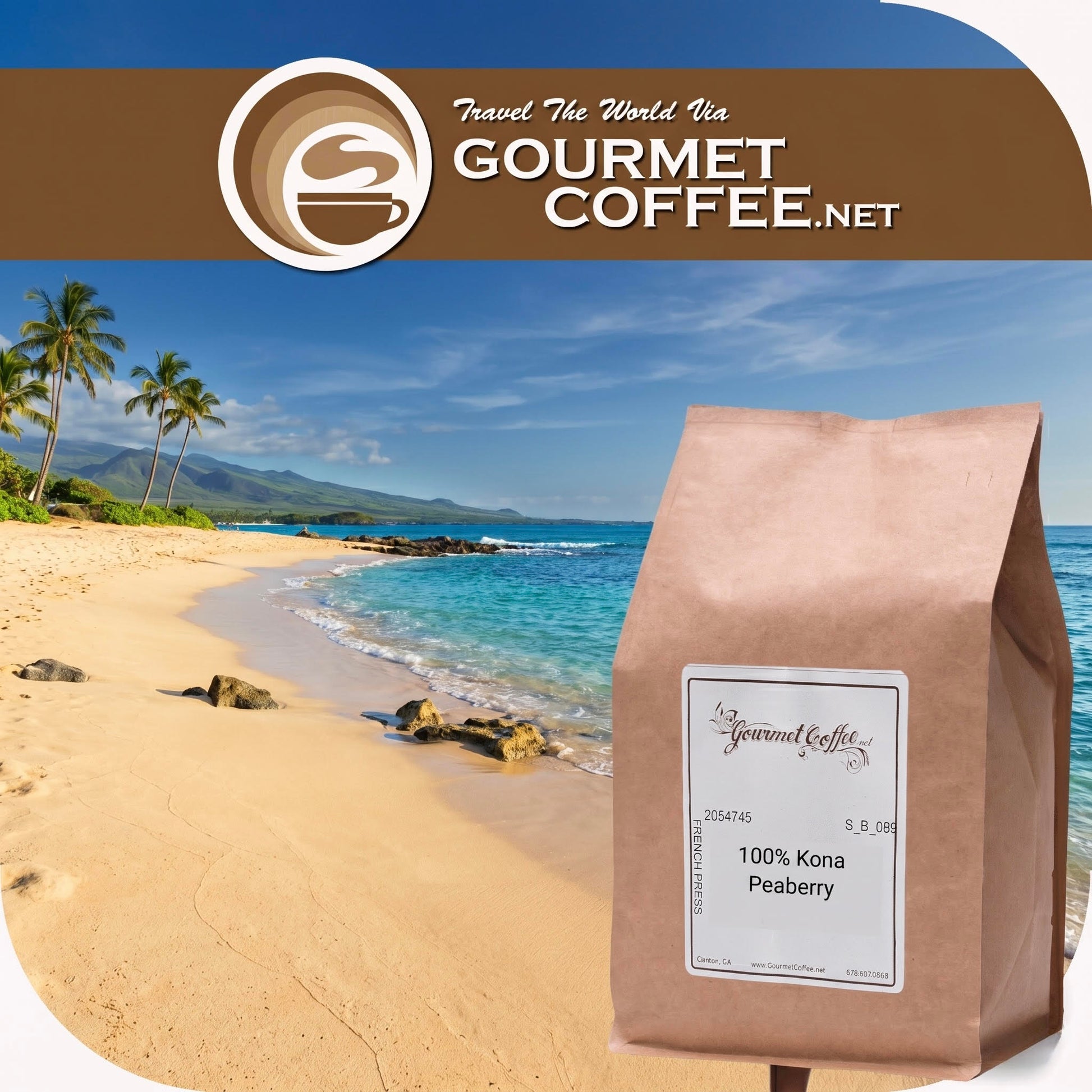 Gourmet coffee bag with a scenic beach background